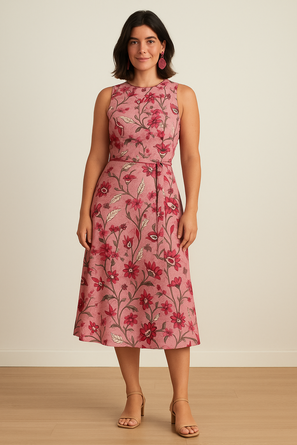 Pink Floral Belted Belted Waist Midi Dress product image 1
