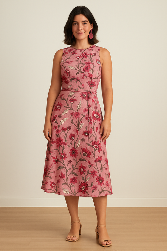 Pink Floral Belted Belted Waist Midi Dress product image 1