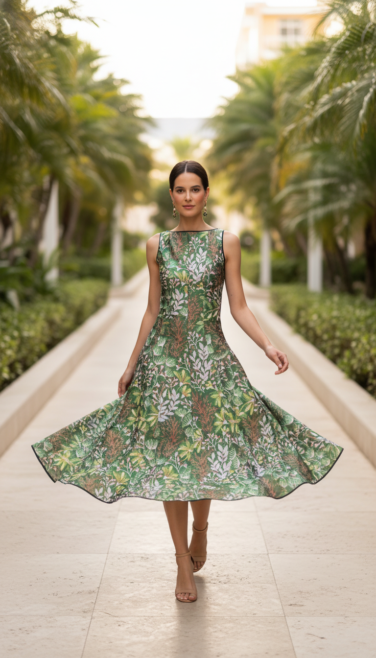 Green Floral Floral Pattern Flared Skirt Mini Dress product image 1