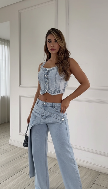 Light Blue Wide-Leg Cropped Button Closure Pant Set product image 1