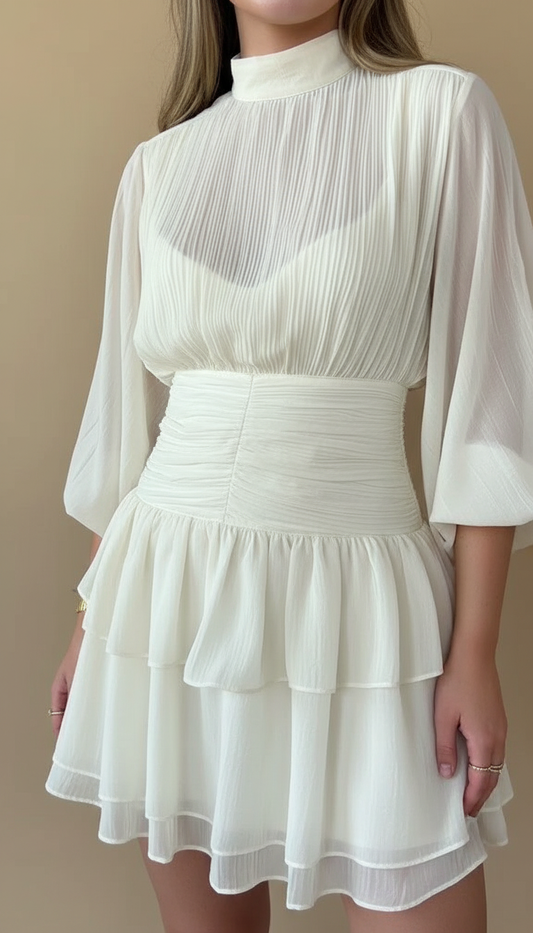 White Ruffle Pleated Ruffled Hem Mini Dress product image 1