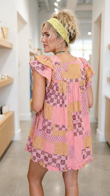 Pink Patchwork Print Ruffle Drawstring Dress product image 1