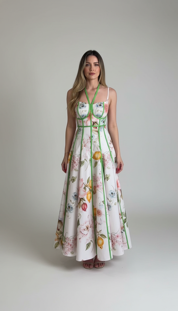 White Floral Contrast Piping Floral Print Maxi Dress product image 1