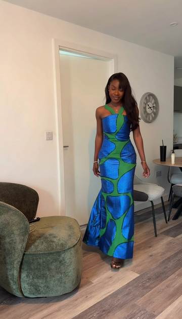 Blue Abstract Print Satin Silk Maxi Dress product image 1