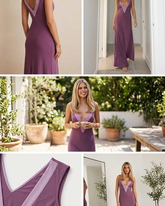 Purple V-Neck Deep V-Neck Color Blocking Maxi Dress product image 1