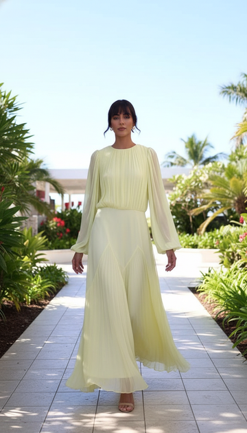 Yellow Pleated Pleated Bodice Flowing Skirt Dress product image 1
