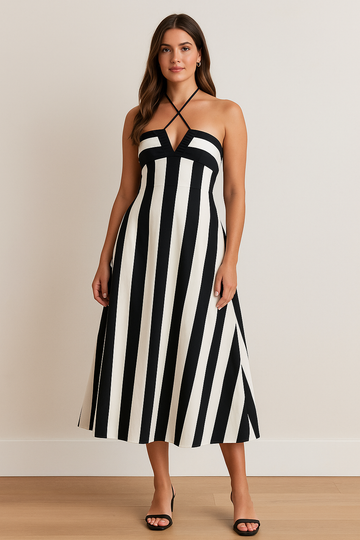 Black Striped Halter Striped Pattern Midi Dress product image 1
