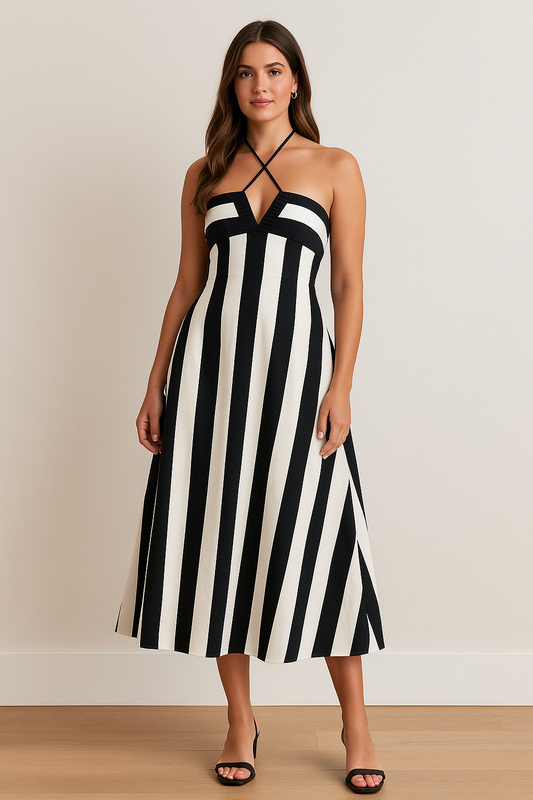 Black Striped Halter Striped Pattern Midi Dress product image 1