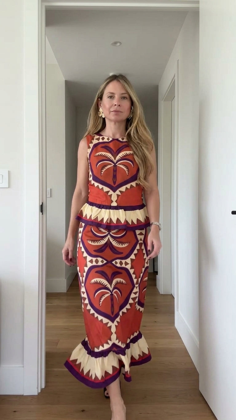 Orange Geometric Print Peplum Hem Printed Pattern Maxi Dress product image 1