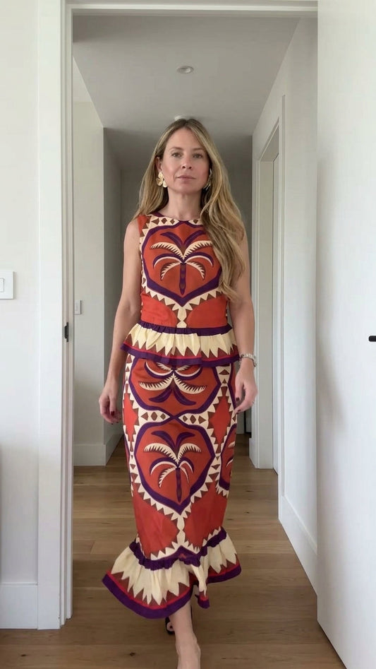 Orange Geometric Print Peplum Hem Printed Pattern Maxi Dress product image 1
