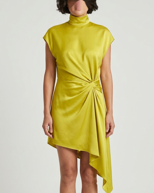 Yellow Satin Twist Detail Side Draping Dress product image 1