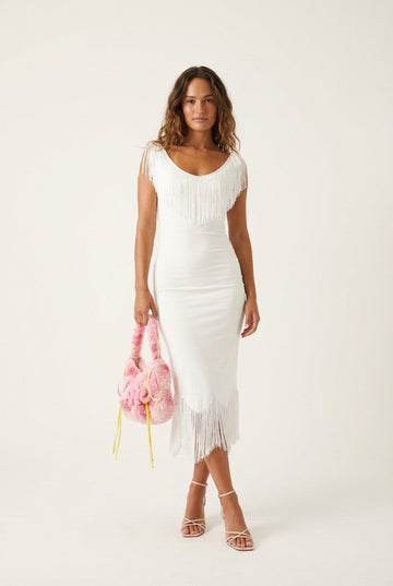 Women's Sleeveless White Fringe Bodycon Dress Elegant Evening Wear