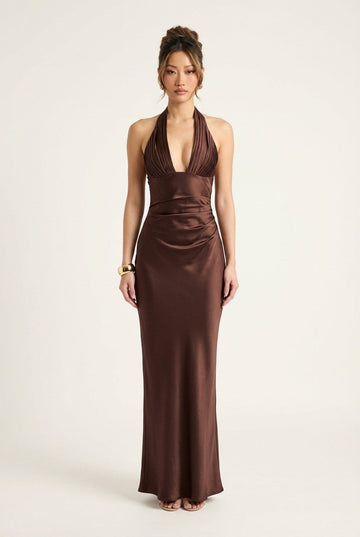 Women's Satin Halter Maxi Dress Ruched Deep V-Neck Evening Gala
