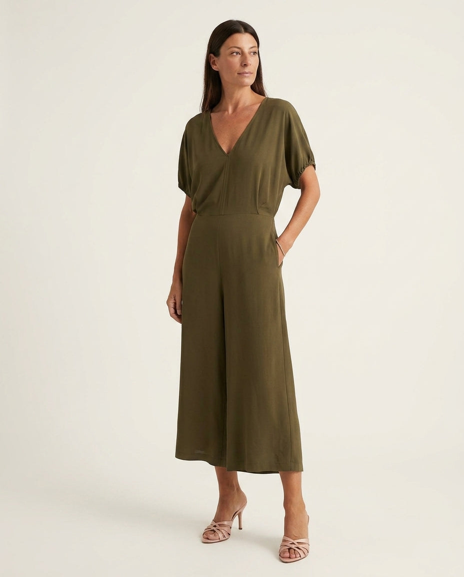Olive Solace Evening Printed Jumpsuit Olive Jumpsuit with Cropped silhouette and Textured texture, clean studio product view for City Dinner, a gallery evening, Fall city dinners, cafe plans, gallery evenings, and polished weekend styling, US Coastal Glam by floravincie