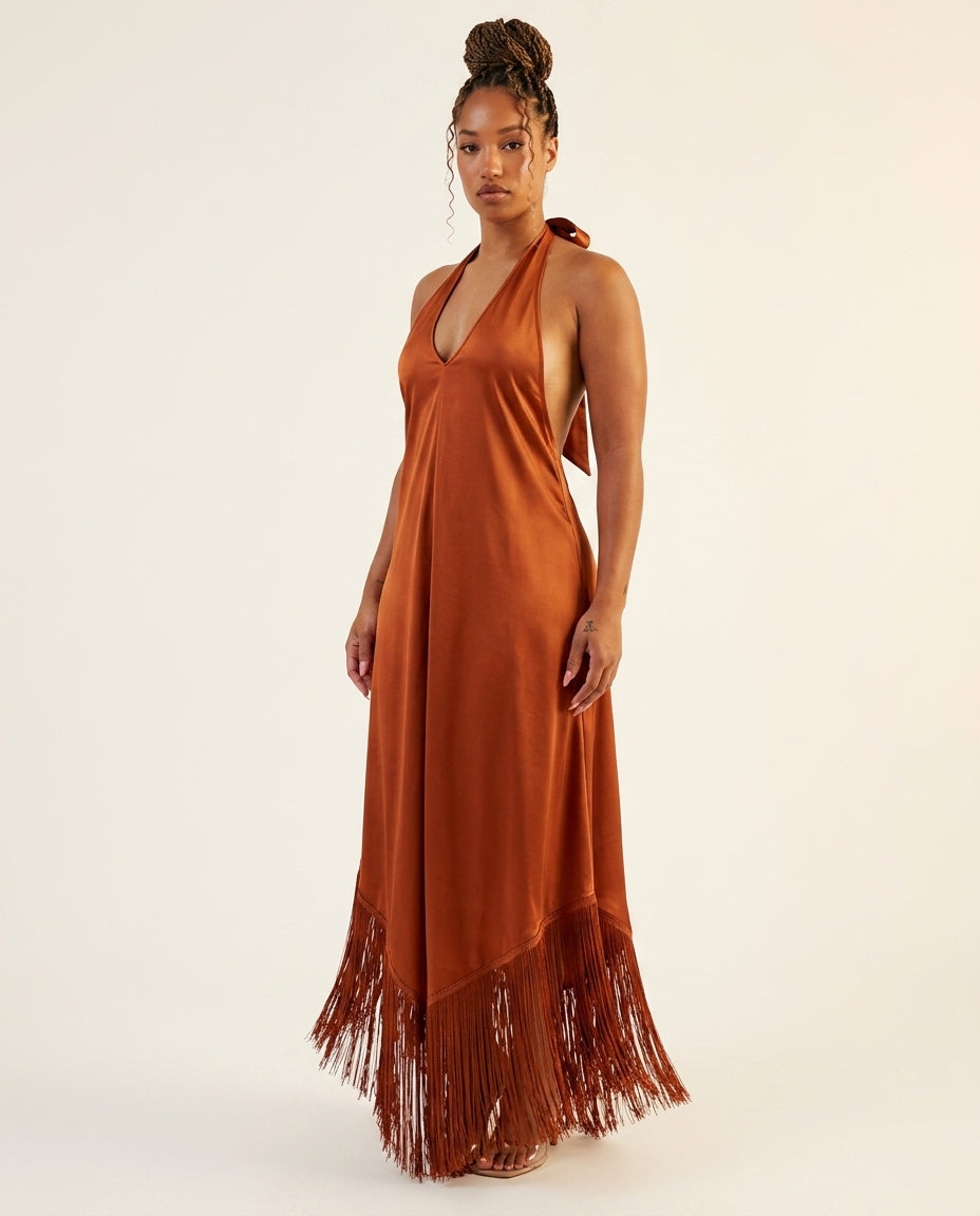 Rust Muse Wedding Guest Satin Maxi Dress Rust Maxi Dress with Relaxed Fit silhouette and Satin texture, clean studio product view for Wedding Guest, a fall city dinner, Fall late-summer to pre-fall transition: sell it as wearable now and still useful for by floravincie