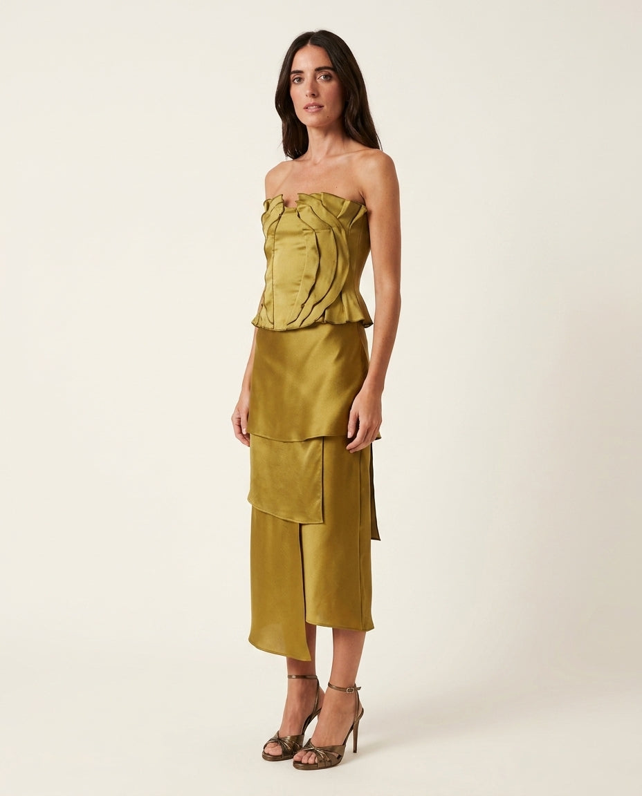 Olive Green Glow Wedding Guest Ruched Skirt Set Olive Green Skirt Set with Asymmetric silhouette and Satin texture, clean studio product view for Wedding Guest, an office-to-dinner transition, Fall current summer selling first with a light late-summer/pre by floravincie