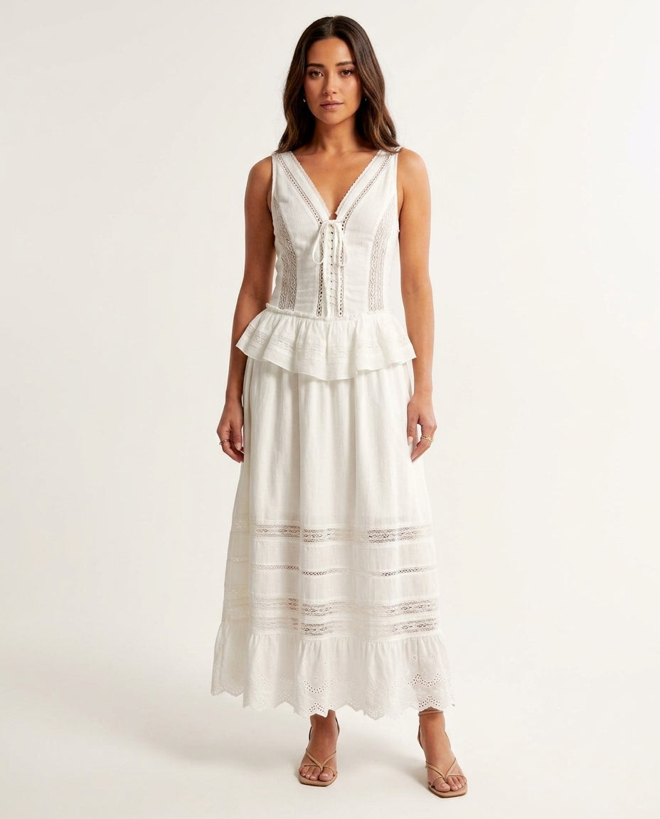 Ivory Lustre Wedding Guest Eyelet Maxi Dress Ivory Maxi Dress with Relaxed Fit silhouette and Textured texture, clean studio product view for Wedding Guest, a gallery evening, Fall current summer selling first with a light late-summer/pre-fall accent: mak by floravincie