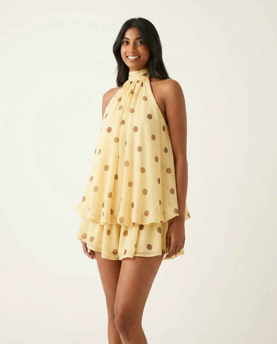 Light Yellow Gleam Evening Printed Romper Light Yellow Romper with Cropped silhouette and Textured texture, clean studio product view for City Dinner, a cafe plan, Fall city dinners, cafe plans, gallery evenings, and polished weekend styling, US Coastal G by floravincie