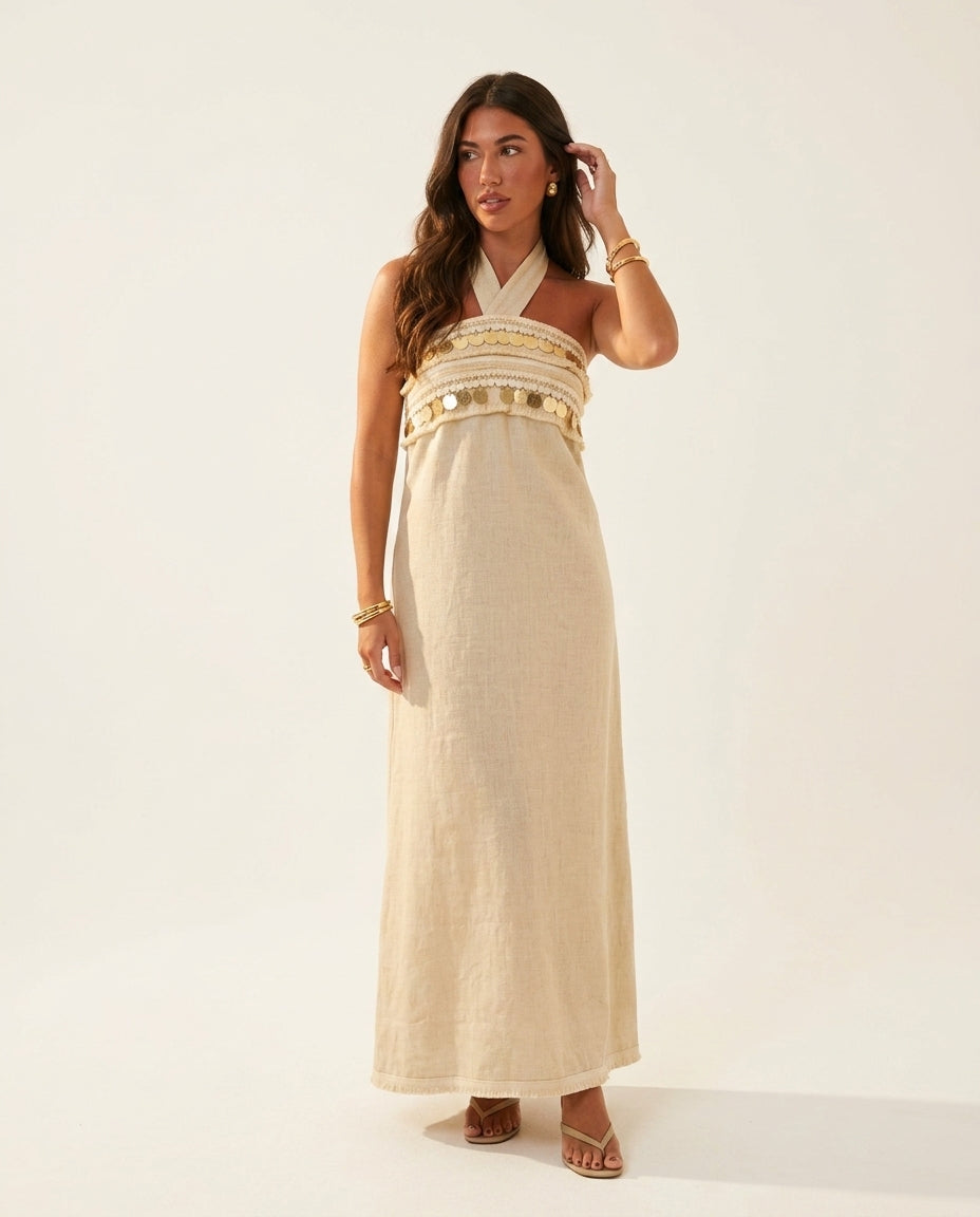 Sand Grace Evening Embroidered Maxi Dress Sand Maxi Dress with Relaxed Fit silhouette and Linen Blend texture, clean studio product view for City Dinner, a cafe plan, Fall city dinners, cafe plans, gallery evenings, and polished weekend styling, Euro Chic by floravincie