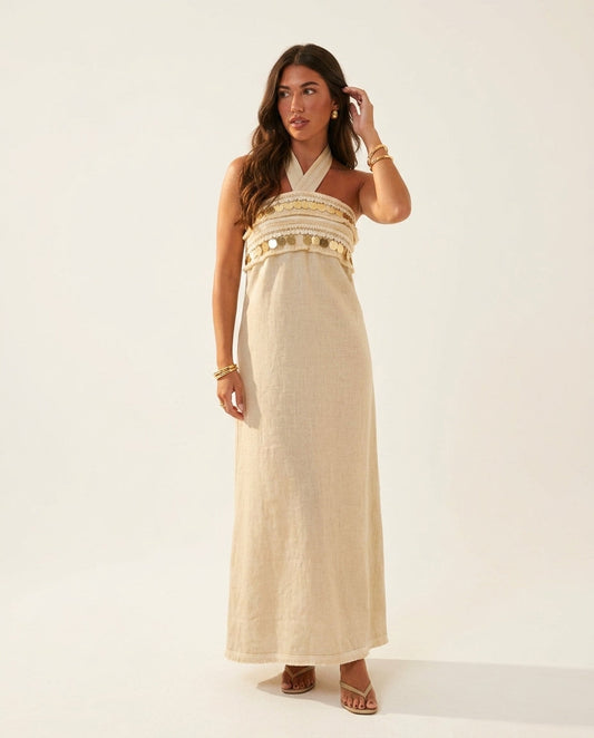 Sand Grace Evening Embroidered Maxi Dress Sand Maxi Dress with Relaxed Fit silhouette and Linen Blend texture, clean studio product view for City Dinner, a cafe plan, Fall city dinners, cafe plans, gallery evenings, and polished weekend styling, Euro Chic by floravincie