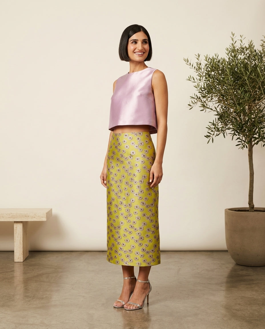 Pink Velvet Evening Floral Skirt Set Pink Skirt Set with Cropped silhouette and Satin texture, clean studio product view for City Dinner, an office-to-dinner transition, Fall city dinners, cafe plans, gallery evenings, and polished weekend styling, US Coa by floravincie