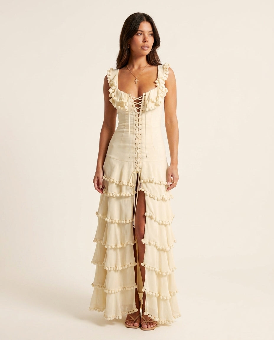 Ivory Allure Evening Lace Maxi Dress Ivory Maxi Dress with Relaxed Fit silhouette and Textured texture, clean studio product view for City Dinner, an office-to-dinner transition, Fall city dinners, cafe plans, gallery evenings, and polished weekend stylin by floravincie