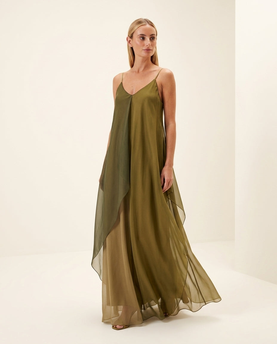 Olive Green Allure Evening Satin Maxi Dress Olive Green Maxi Dress with Asymmetric silhouette and Satin texture, clean studio product view for City Dinner, a gallery evening, Fall city dinners, cafe plans, gallery evenings, and polished weekend styling, U by floravincie