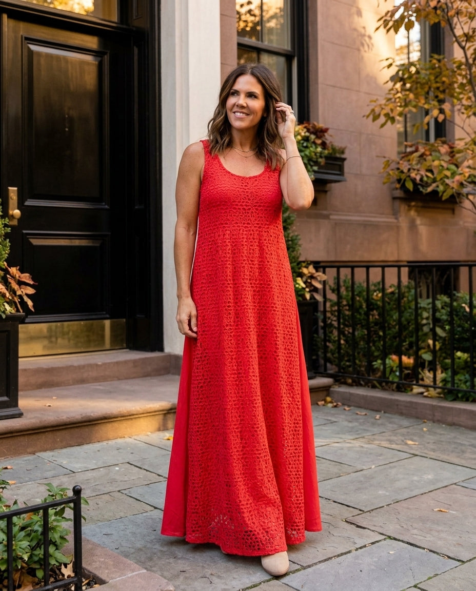 Red Glow Evening Lace Maxi Dress Red Maxi Dress with Relaxed Fit silhouette and Textured texture, clean studio product view for City Dinner, a fall city dinner, Fall city dinners, cafe plans, gallery evenings, and polished weekend styling, US Coastal Glam by floravincie