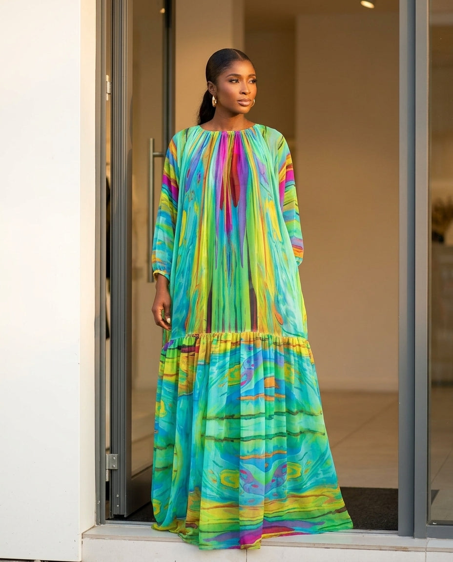 Sage Velvet Evening Abstract Print Maxi Dress Sage Maxi Dress with Relaxed Fit silhouette and Textured texture, clean studio product view for City Dinner, a cafe plan, Fall city dinners, cafe plans, gallery evenings, and polished weekend styling, US East by floravincie