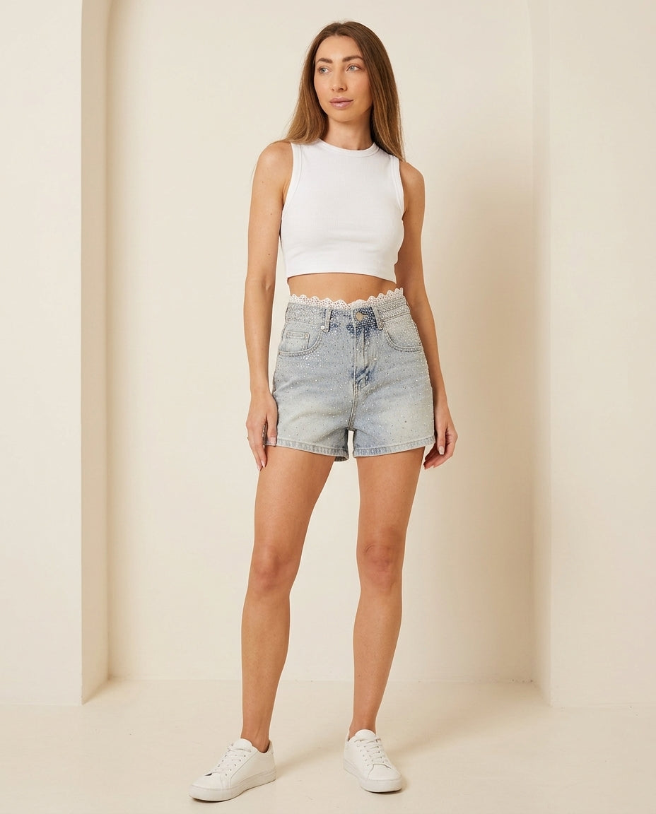 Light Wash Denim Lustre Wedding Guest Lace Short Set Light Wash Denim Short Set with Relaxed Fit silhouette and Textured texture, clean studio product view for Wedding Guest, a gallery evening, Fall current summer selling first with a light late-summer/pr by floravincie