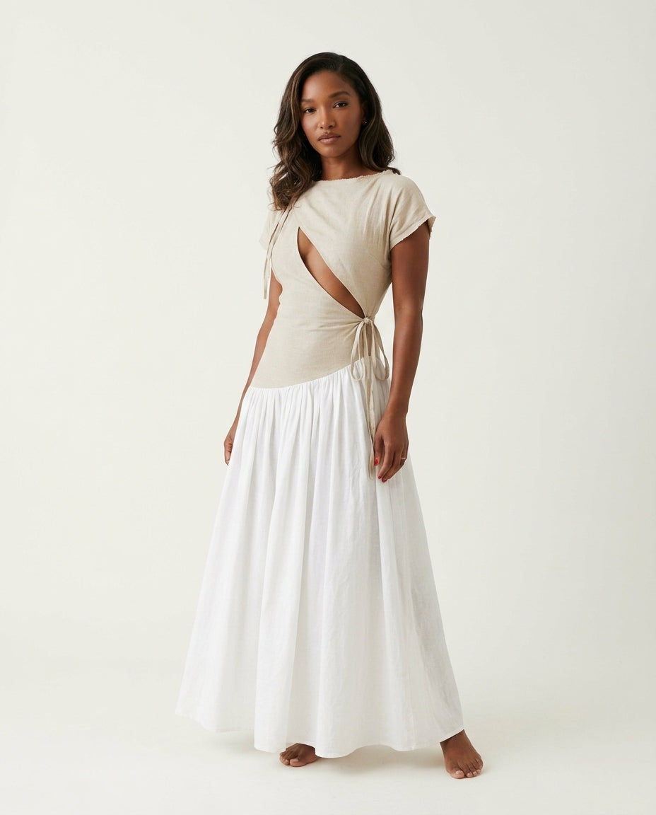 Sand Gleam Wedding Guest Linen Maxi Dress Sand Maxi Dress with Asymmetric silhouette and Linen Blend texture, clean studio product view for Wedding Guest, a fall city dinner, Fall current summer selling first with a light late-summer/pre-fall accent: make by floravincie