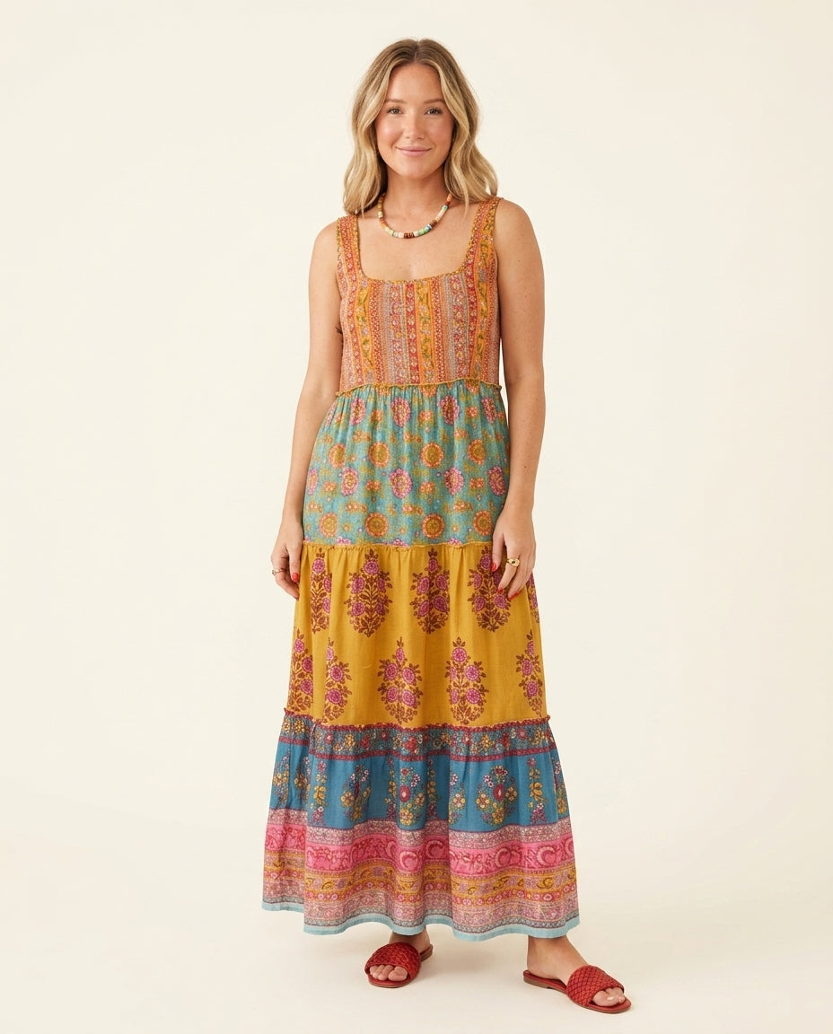 Butter Yellow Charm Wedding Guest Printed Maxi Dress Butter Yellow Maxi Dress with Relaxed Fit silhouette and Textured texture, clean studio product view for Wedding Guest, a cafe plan, Fall current summer selling first with a light late-summer/pre-fall a by floravincie