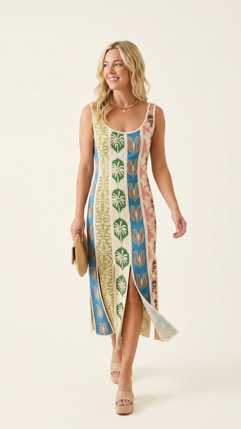 Ivory Lustre Wedding Guest Tropical Midi Dress Ivory Midi Dress with Flowing silhouette and Textured texture, clean studio product view for Wedding Guest, a fall city dinner, Fall current summer selling first with a light late-summer/pre-fall accent: make by floravincie