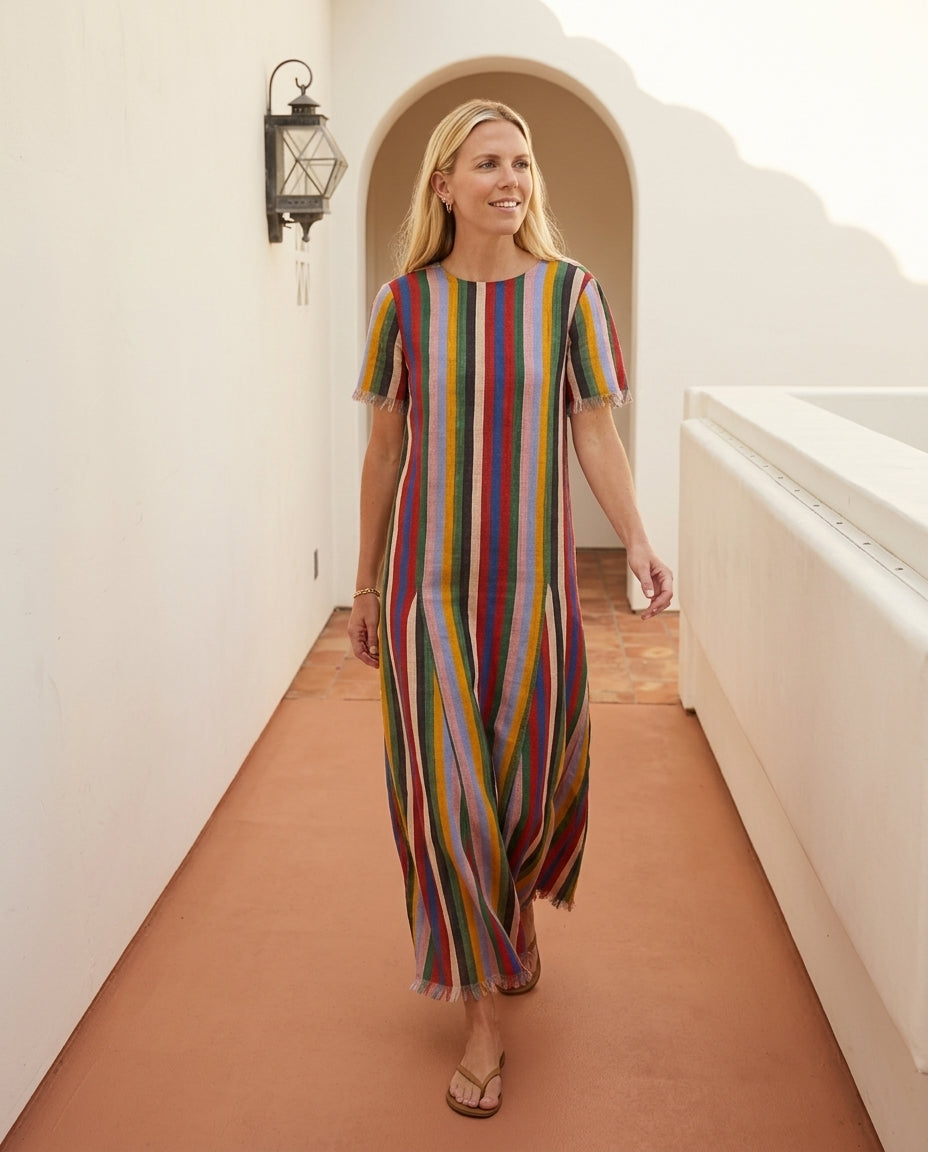 Multi-Color Reverie Wedding Guest Linen Maxi Dress Multi-Color Maxi Dress with Relaxed Fit silhouette and Linen Blend texture, clean studio product view for Wedding Guest, a gallery evening, Fall current summer selling first with a light late-summer/pre-f by floravincie