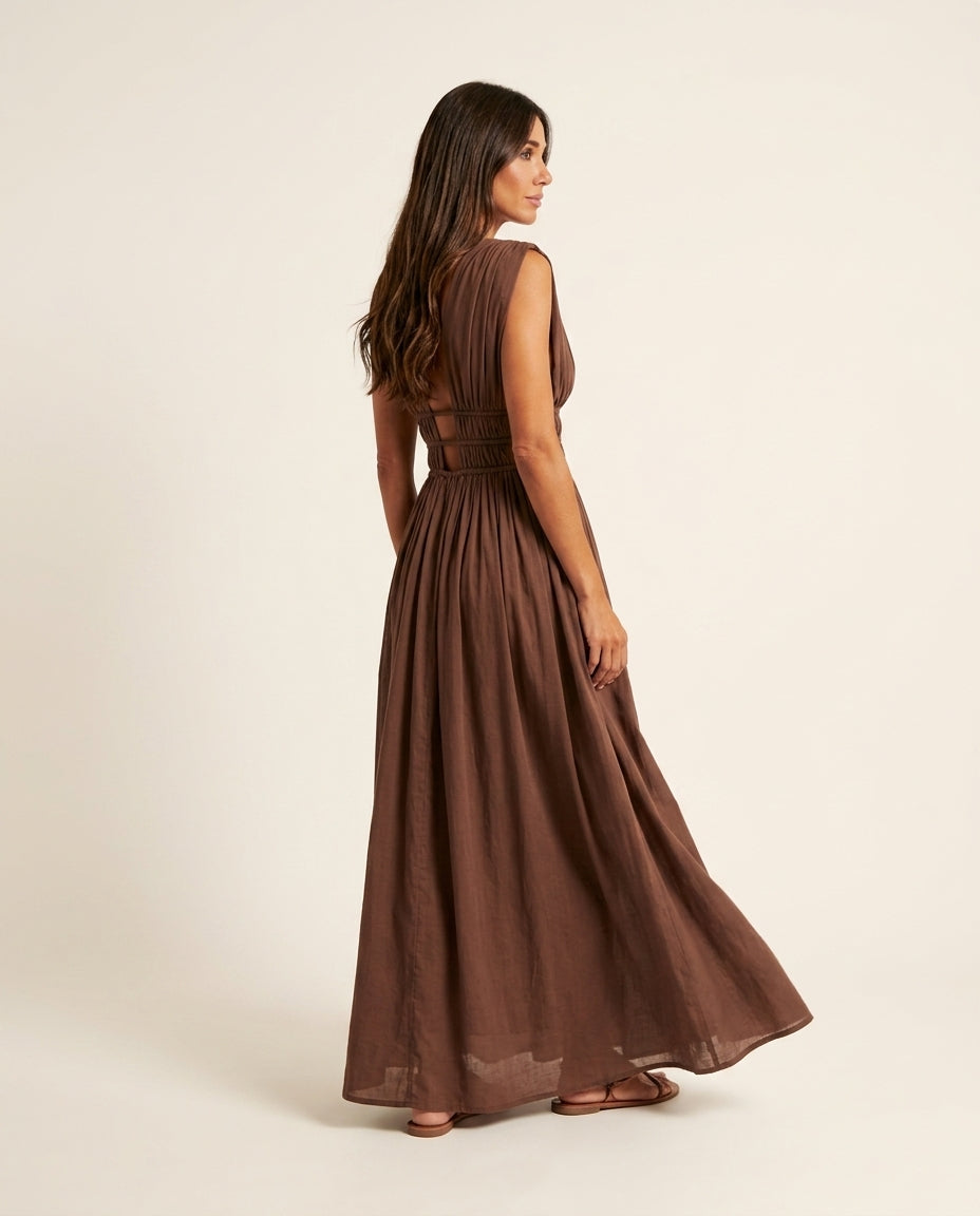 Brown Allure Wedding Guest Printed Maxi Dress Brown Maxi Dress with Relaxed Fit silhouette and Linen Blend texture, clean studio product view for Wedding Guest, a gallery evening, Fall current summer selling first with a light late-summer/pre-fall accent: by floravincie