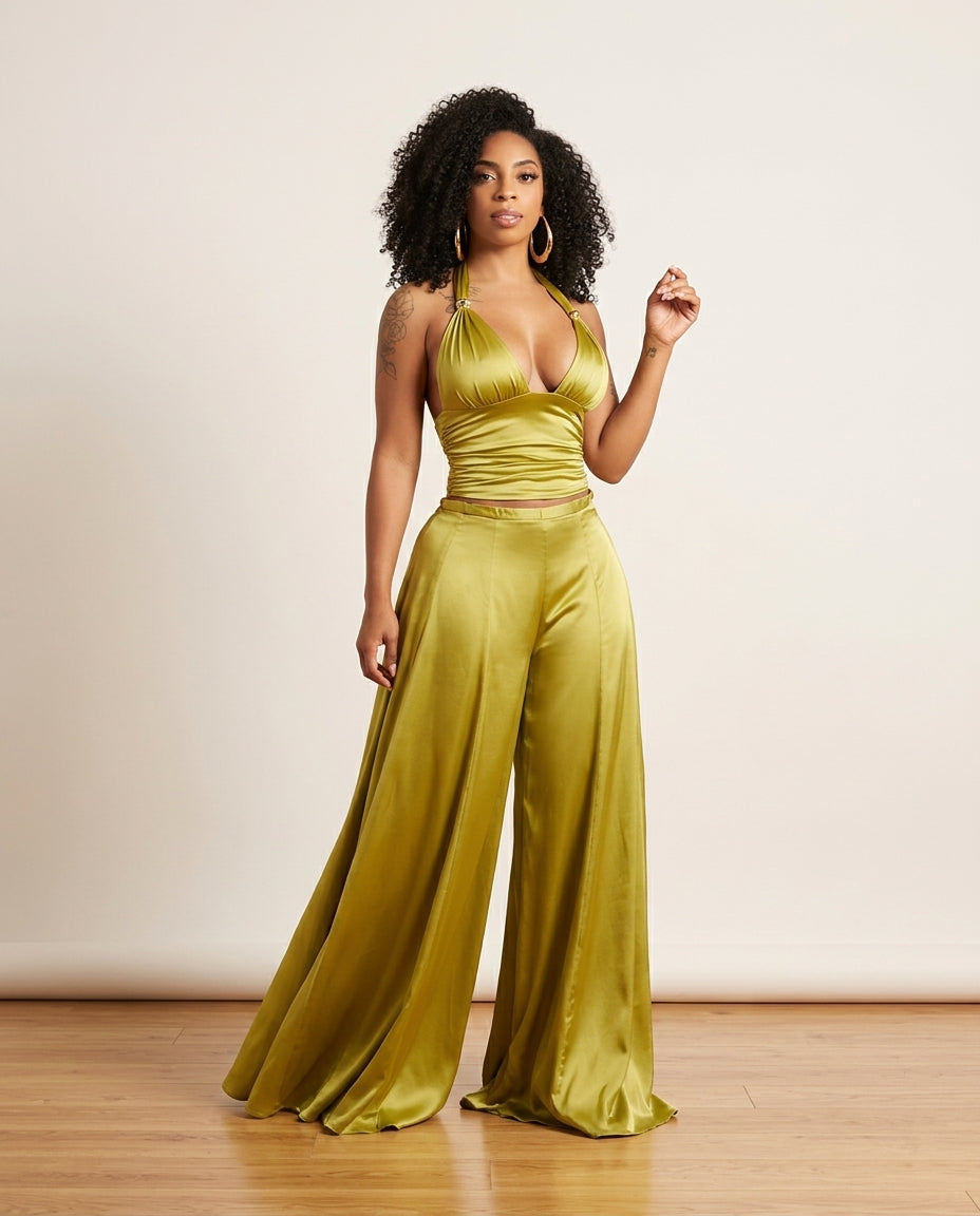 Olive Green Whisper Wedding Guest Satin Jumpsuit Olive Green Jumpsuit with Wide-Leg silhouette and Satin texture, clean studio product view for Wedding Guest, a gallery evening, Fall current summer selling first with a light late-summer/pre-fall accent: m by floravincie