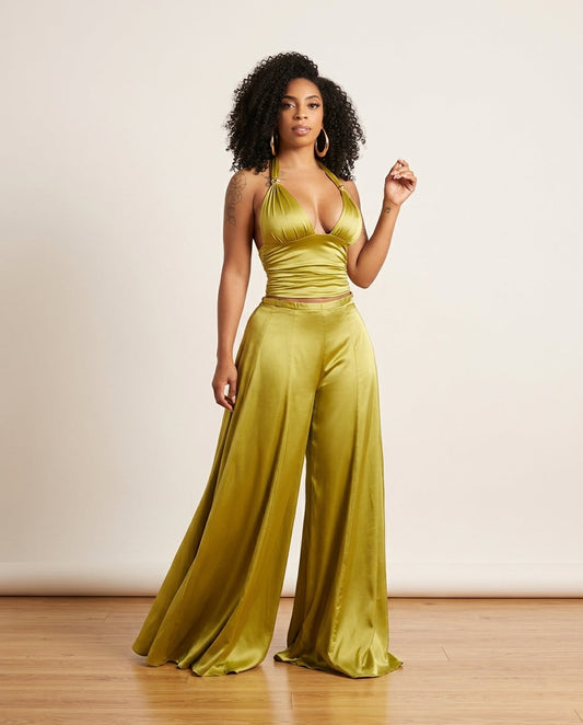 Olive Green Whisper Wedding Guest Satin Jumpsuit Olive Green Jumpsuit with Wide-Leg silhouette and Satin texture, clean studio product view for Wedding Guest, a gallery evening, Fall current summer selling first with a light late-summer/pre-fall accent: m by floravincie