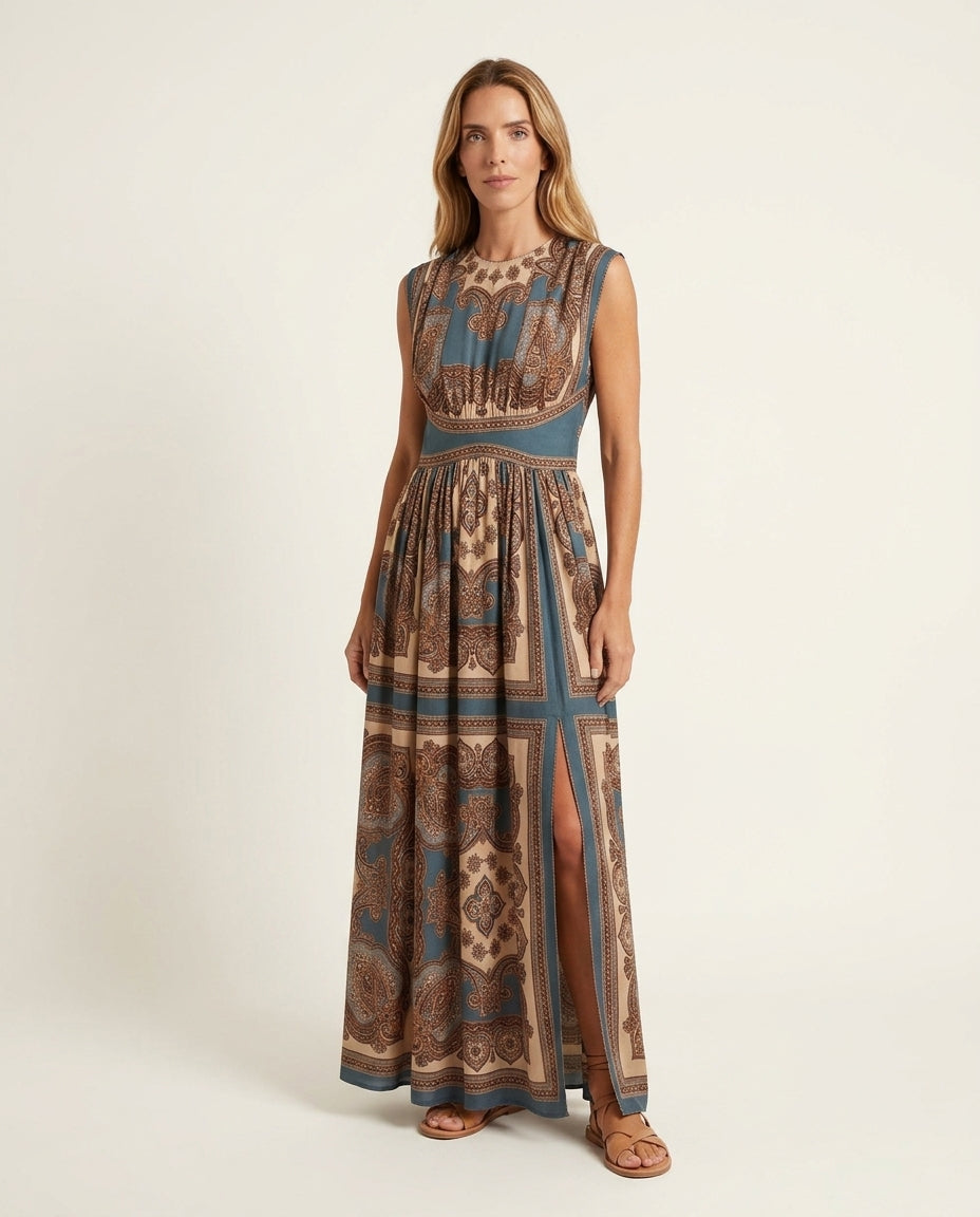 Teal Blue Glow Wedding Guest Printed Maxi Dress Teal Blue Maxi Dress with Relaxed Fit silhouette and Textured texture, clean studio product view for Wedding Guest, a fall city dinner, Fall current summer selling first with a light late-summer/pre-fall acc by floravincie