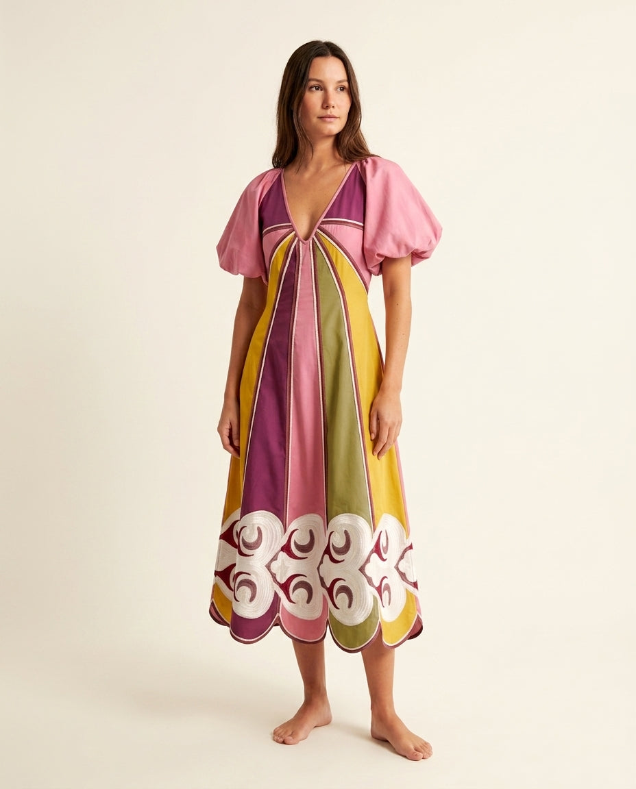 Pink Reverie Wedding Guest Embroidered Maxi Dress Pink Maxi Dress with Relaxed Fit silhouette and Textured texture, clean studio product view for Wedding Guest, a gallery evening, Fall current summer selling first with a light late-summer/pre-fall accent: by floravincie