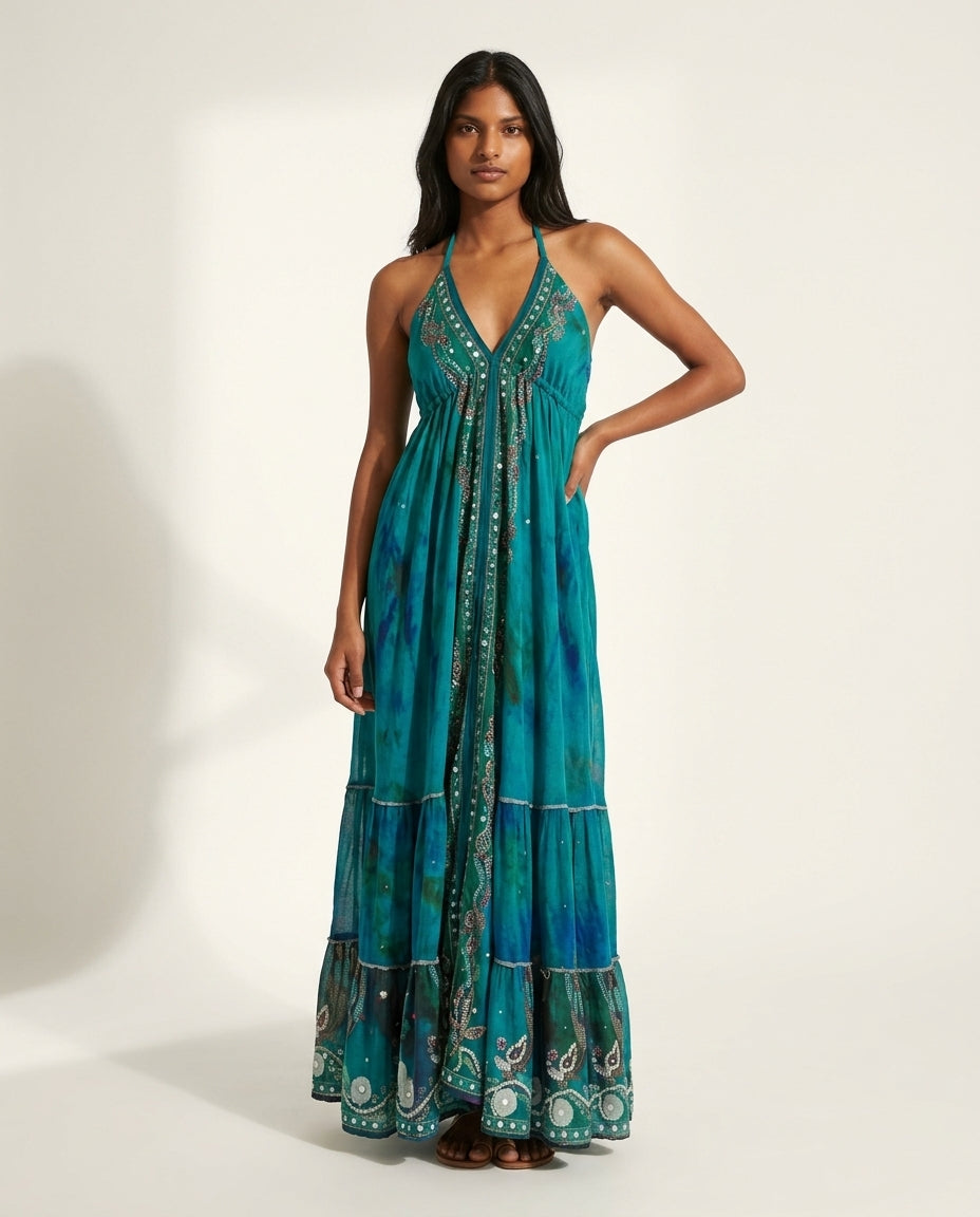 Teal Glow Wedding Guest Embroidered Maxi Dress Teal Maxi Dress with Relaxed Fit silhouette and Textured texture, clean studio product view for Wedding Guest, a fall city dinner, Fall current summer selling first with a light late-summer/pre-fall accent: m by floravincie