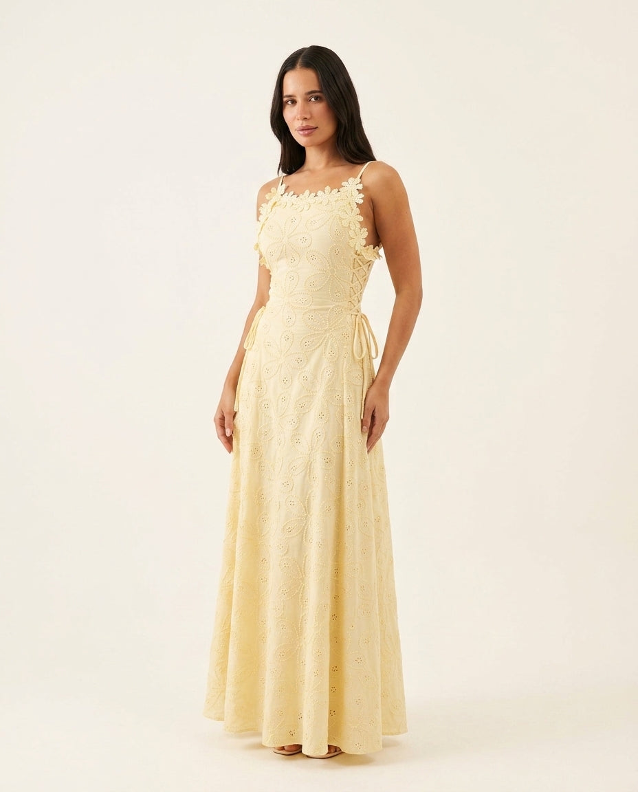 Light Yellow Velvet Wedding Guest Eyelet Maxi Dress Light Yellow Maxi Dress with Relaxed Fit silhouette and Textured texture, clean studio product view for Wedding Guest, a cafe plan, Fall current summer selling first with a light late-summer/pre-fall acc by floravincie