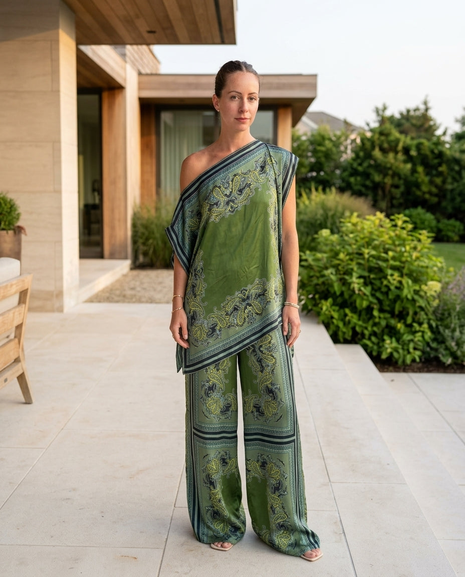 Sage Aura Wedding Guest Paisley Jumpsuit Sage Jumpsuit with Asymmetric silhouette and Satin texture, clean studio product view for Wedding Guest, a cafe plan, Fall current summer selling first with a light late-summer/pre-fall accent: make it wearable now by floravincie
