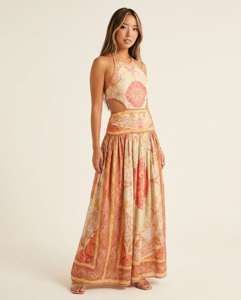 Ivory Poise Wedding Guest Printed Maxi Dress Ivory Maxi Dress with Flowing silhouette and Textured texture, clean studio product view for Wedding Guest, an office-to-dinner transition, Fall current summer selling first with a light late-summer/pre-fall ac by floravincie