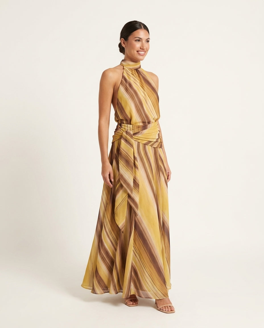 Butter Yellow Muse Wedding Guest Striped Maxi Dress Butter Yellow Maxi Dress with Relaxed Fit silhouette and Textured texture, clean studio product view for Wedding Guest, a gallery evening, Fall current summer selling first with a light late-summer/pre-f by floravincie