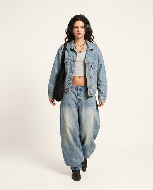 Denim Gleam Wedding Guest Jacket Denim Jacket with Wide-Leg silhouette and Textured texture, clean studio product view for Wedding Guest, a gallery evening, Fall current summer selling first with a light late-summer/pre-fall accent: make it wearable now f by floravincie