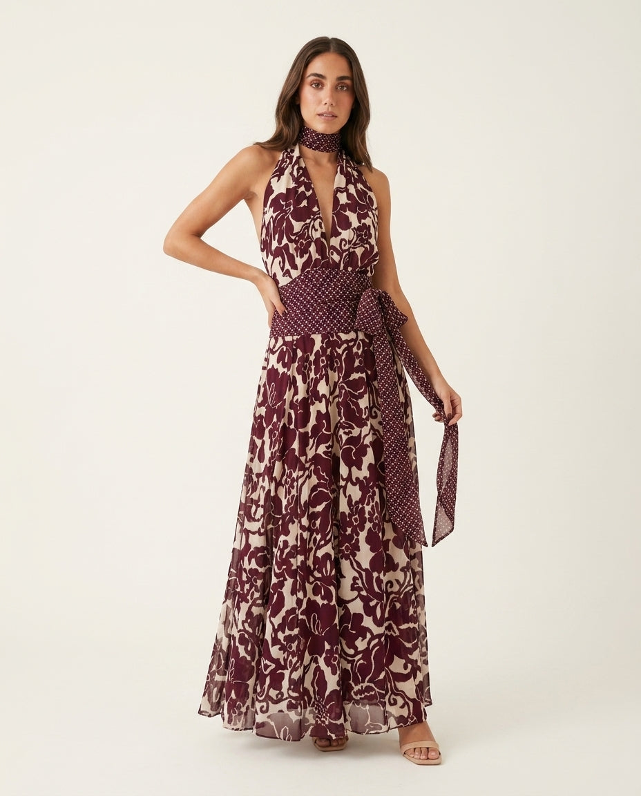 Burgundy Whisper Wedding Guest Floral Maxi Dress Burgundy Maxi Dress with Relaxed Fit silhouette and Textured texture, clean studio product view for Wedding Guest, an office-to-dinner transition, Fall current summer selling first with a light late-summer/ by floravincie
