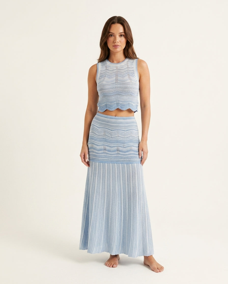 Light Blue Whisper Wedding Guest Ribbed Skirt Set Light Blue Skirt Set with Cropped silhouette and Ribbed Knit texture, clean studio product view for Wedding Guest, a fall city dinner, Fall current summer selling first with a light late-summer/pre-fall ac by floravincie