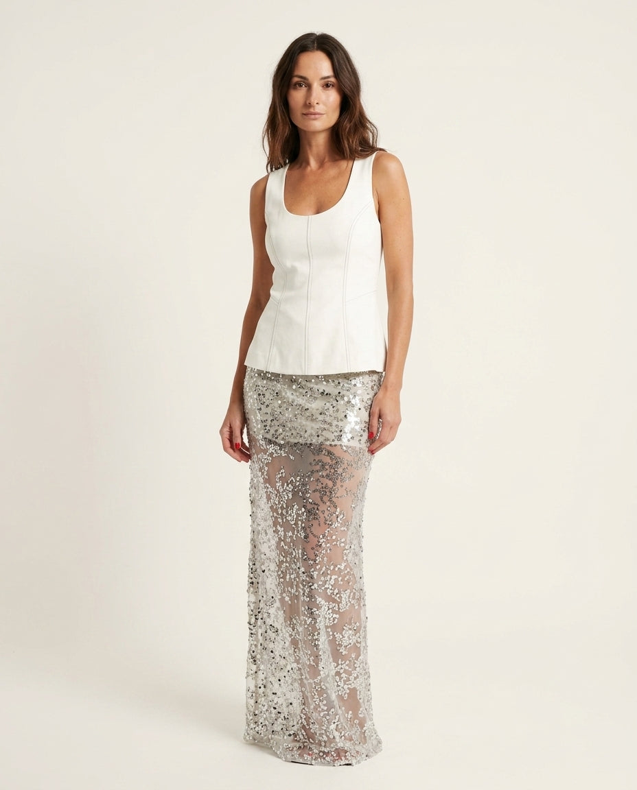 Ivory Muse Wedding Guest Sequin Skirt Set Ivory Skirt Set with Cropped silhouette and Textured texture, clean studio product view for Wedding Guest, a gallery evening, Fall current summer selling first with a light late-summer/pre-fall accent: make it wea by floravincie