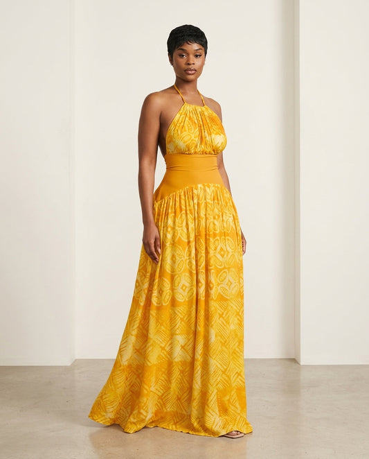 Butter Yellow Velvet Wedding Guest Abstract Print Maxi Dress Butter Yellow Maxi Dress with Flowing silhouette and Textured texture, clean studio product view for Wedding Guest, an office-to-dinner transition, Fall current summer selling first with a light by floravincie