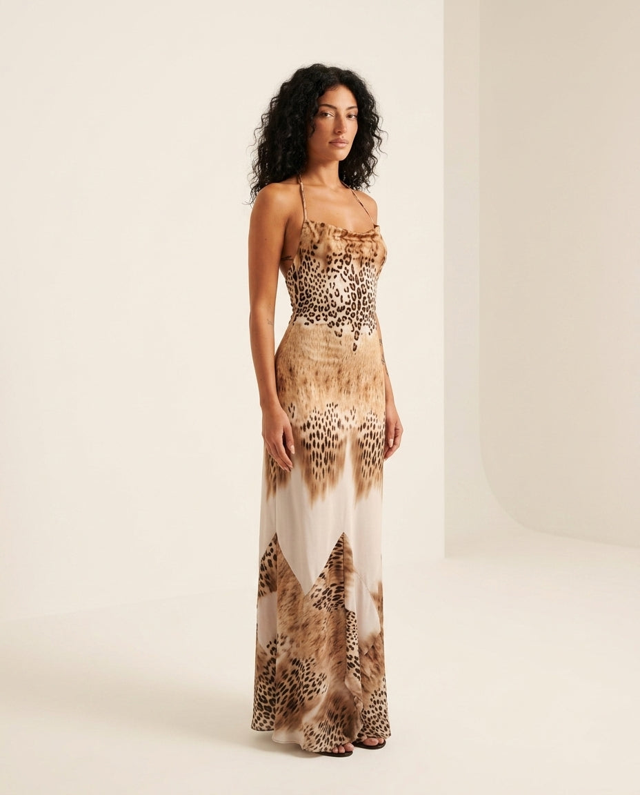 Brown Poise Wedding Guest Animal Print Maxi Dress Brown Maxi Dress with Asymmetric silhouette and Ribbed Knit texture, clean studio product view for Wedding Guest, an office-to-dinner transition, Fall current summer selling first with a light late-summer/ by floravincie